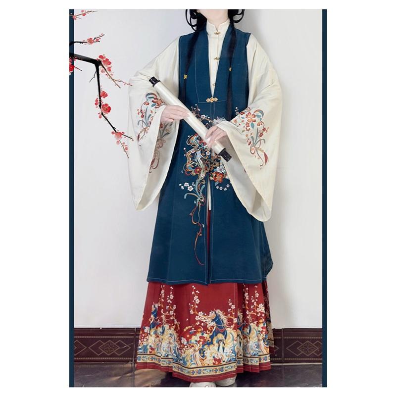 Women's Ming Dynasty Hanfu Set - Traditional Chinese Stand Collar Long Shirt, Embroidered Vest & Floral Mamian Skirt For Cosplay Festival