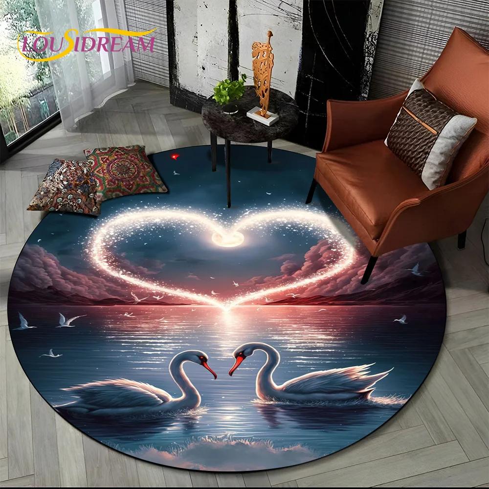 3D Dream Love Swan Cartoon Cygnus Girl Gift Round Carpet Rug for Living Room Bedroom Child Decor,Pet Area Rug Non-slip Floor Mat