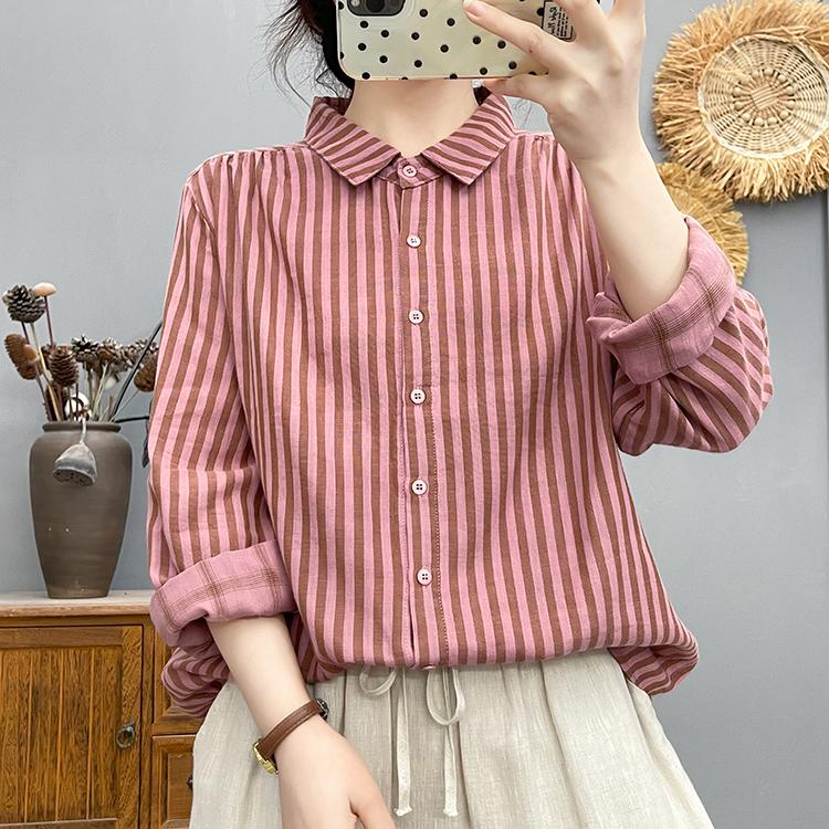 Women's Long Sleeve Double-layer Cotton Stripe Shirt - Soft, Skin-friendly, Breathable, High Quality Loose Fit