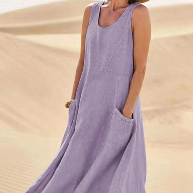 Summer Women's Solid Dress Casual Sleeveless Pocket Loose Dresses Female U Neck Holiday Beach Party Dress Long Dress