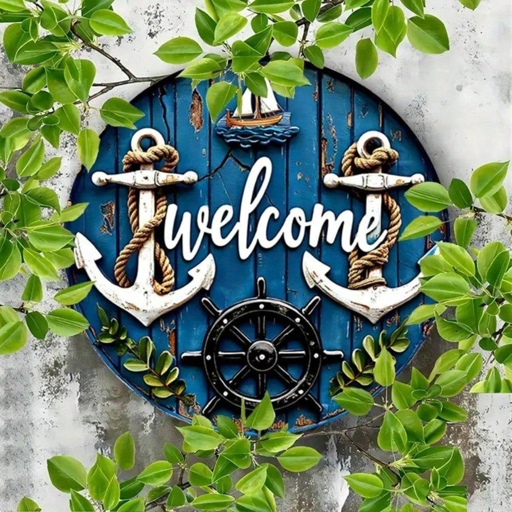Vintage Nautical Metal Wall Art, 7.8" Round Ship Anchor Sailboat Sign, Coastal Home Decor