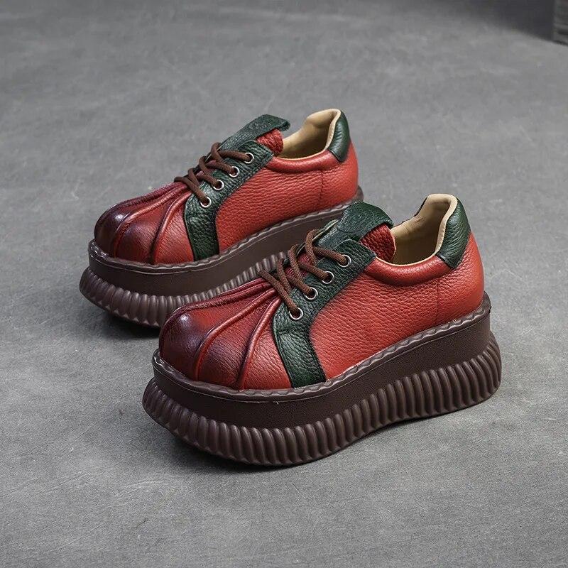 

Johnature Ретро туфли на плоской платформе из натуральной кожи на шнуровке Разные цвета Женская обувь на толстой подошве на возвышении 38 красный