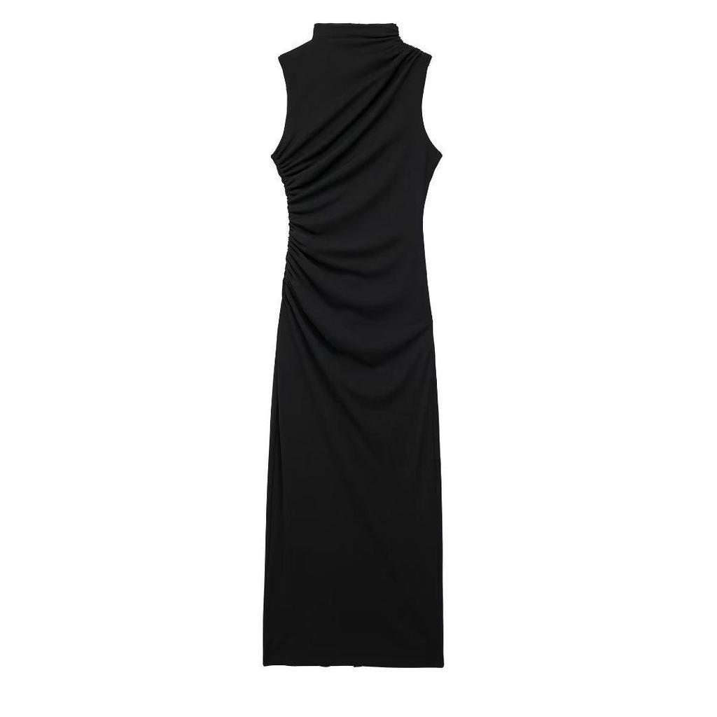 2024 Sleeveless Pleated Stand Collar Midi Dress - Solid Color Slim Fit