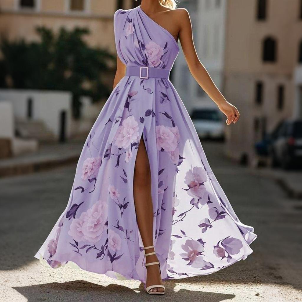 Women Floral Print Sleeveless Maxi Dress with Belt One Shoulder Design High Slit Long Dress for Casual or Formal Wear