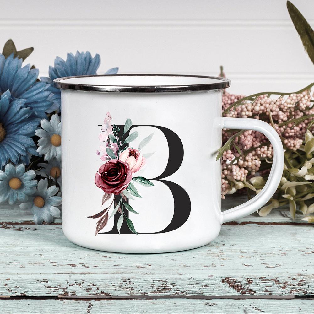 Alphabet Blumen A-Z Vintage Emaille Kaffee Tee Tassen Urlaub Camping Getränke Saft Bier Tassen Zuhause Büro Milch Tasse Geburtstagsgeschenke