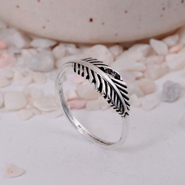 Feather Silver Plated Band Ring | Detailed Leaf Brass Biker Jewelry | Nature Inspired Gift for Him/Her