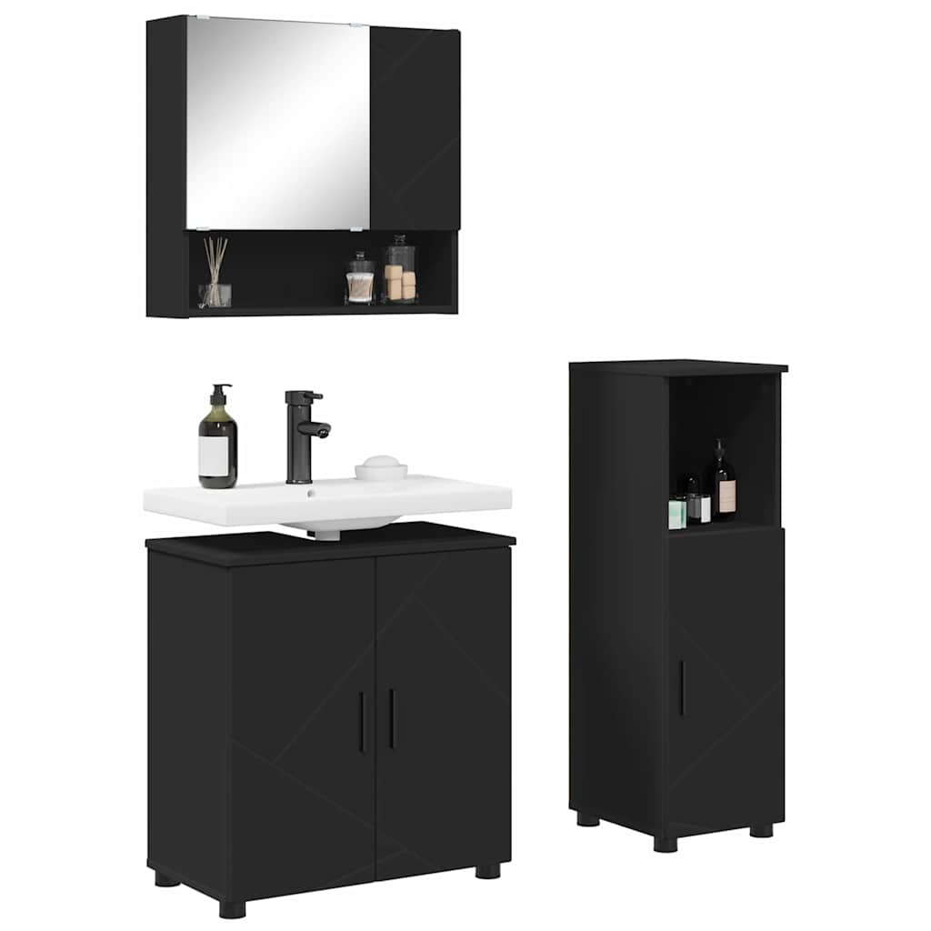 Bathroom Furniture Set 3 Pcs Black Engineered Wood & Metal