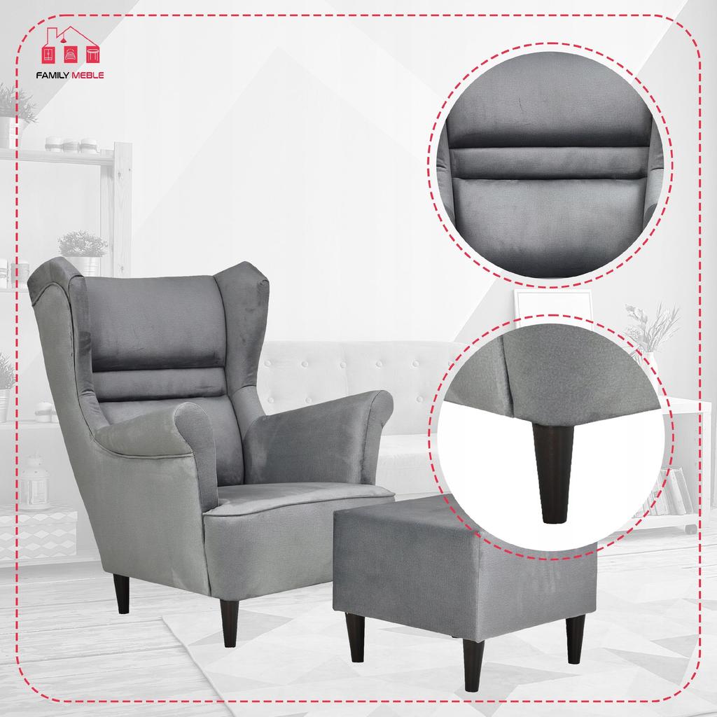 Zoja Wing Chair with Footrest Scandinavian Family Meble Ash Pouf