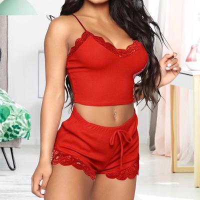 2 Pcs/Set Women Pajamas Set Lace V Neck Sleeveless Elastic Top Drastring Elastic High Waist Slim Fit Shorts Homewear Vest Shorts Set
