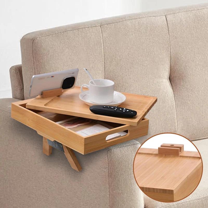 Bamboo Couch Tray, Multi-Function Folding Sofa Armrest Tray With 360°Rotating Phone&Pad Bracket, Tv Tray For Eating And Beverage