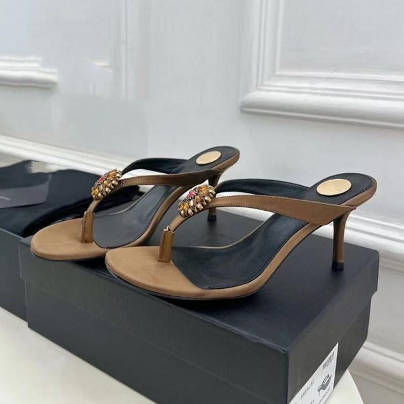 

Fashion Luxury Rhinestones Flowers Decor Filp Flops Women Slippers Sandals Summer Sexy Thin High heels Satin Mules Slides Party Shoes 35