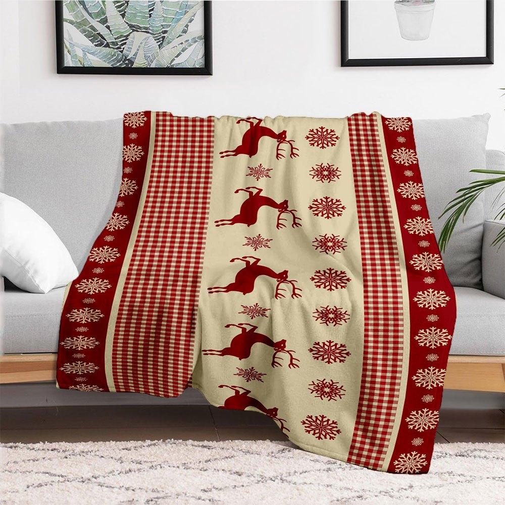 Christmas Plaid Tablecloth with Reindeer and SnowflakesBlanket Flannel Throw Blanket for Sofa, Bed, Travel, Camping, Office, Couch, Chair, A