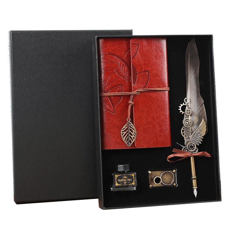 Vintage Feather Dip Pen Set With Notebook Creative Gift Students Teachers Business Use
