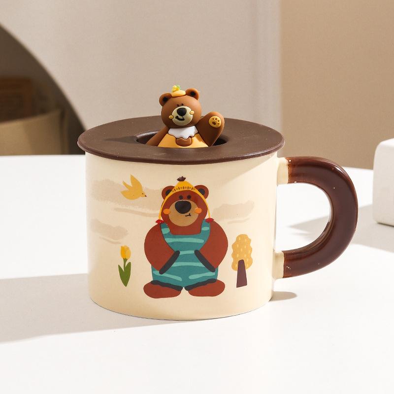 Fufu Cartoon Mug Cute Bear with Cover Couple Home Water Cup Ceramic Office Gift Box