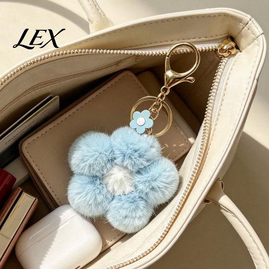 Backpack Keychain Plush Flower for Backpack, Fuzzy Floral Keyring Girls Bag Charm, Women Handbags Decorative Accessory Lightweight Charm