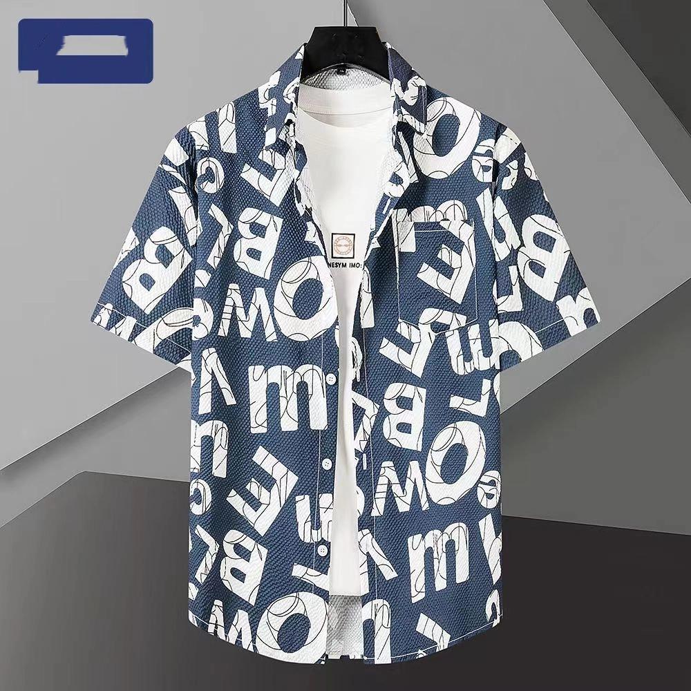 Yidun Жаккардовая карманная рубашка Мужская с коротким рукавом Модный стиль Тонкая Свободная Летняя Повседневная Мода Приталенная L синий