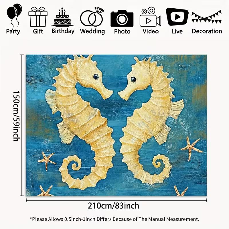 

2D Vintage Nautical Seahorse Backdrop 2D Flat Print Blue Ocean Starfish Background 47.2x31.5inch/120*80cm