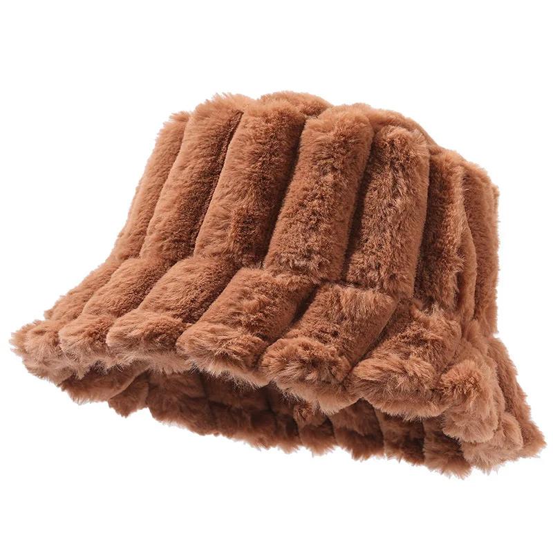 New Autumn Winter Faux Fur Bucket Hat Outdoor Fashion Solid Color Stripes Thick Warm Fisherman Hats Wide Brim Ski Panama Cap