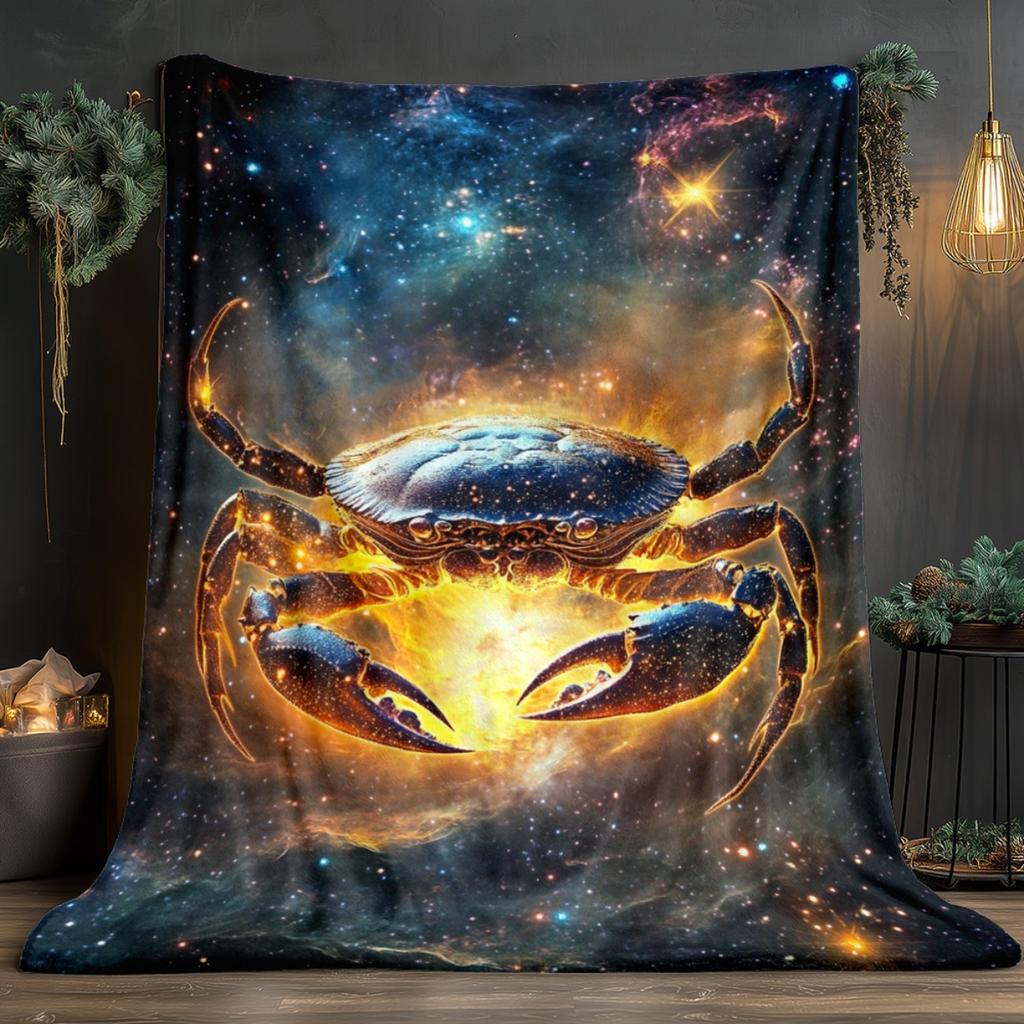 Cosmic Crab Zodiac Cancer Galaxy Space Print Flannel Blanket Astrology Art Soft Cozy Throw Cover Starry Night Sky Decor Blanket