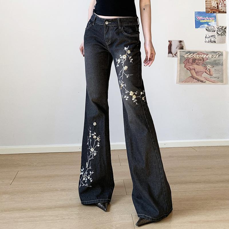 VIONA Jeans Damen Y2k Hosen Vintage Amerikanischer Retro High Street Bodycon Schlanke Passform Schlaghose Niedrige Leibhöhe Pflanzenstickerei Lange Hosen