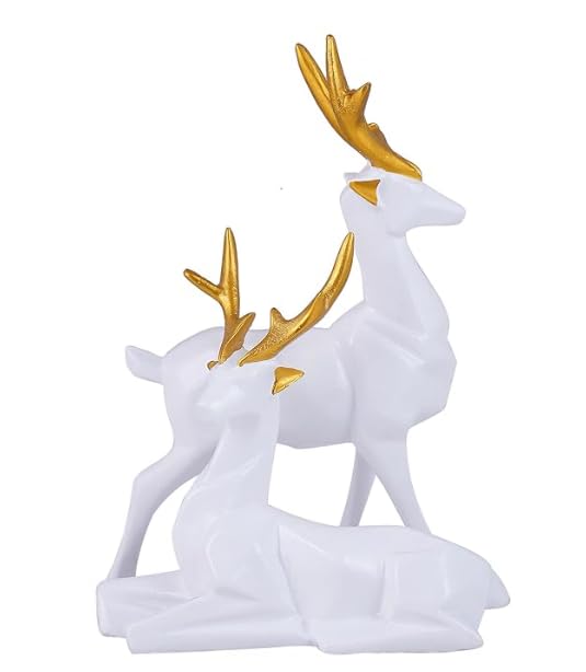 Deer Resin Showpieces For Home Décor, Hiran Statue, White & Gold - 8.5 Inch