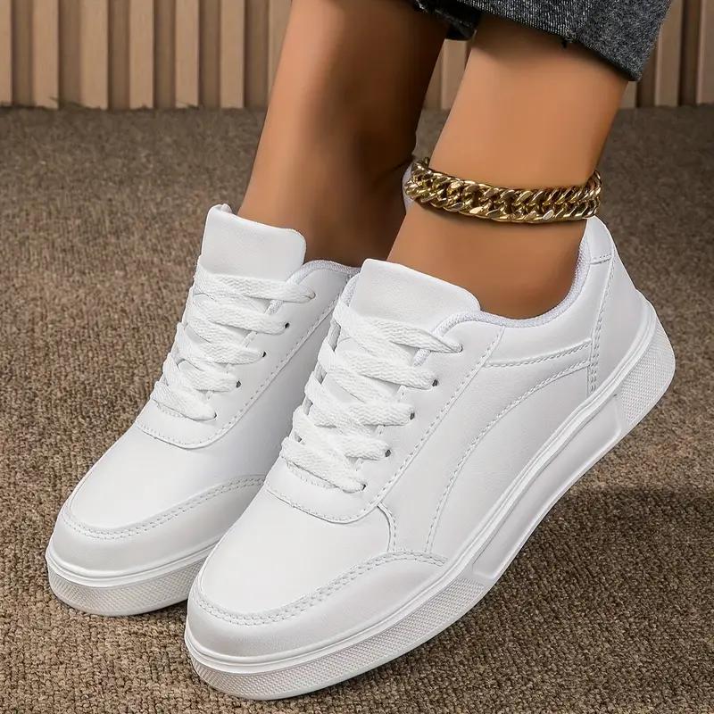 Women White Shoes Flat Female White Board Casual Shoes Lace Up PU Leather Walking Sneakers Thick Sole Outdoor Luxury Fashion