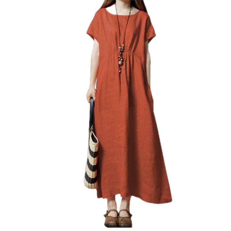 Baumwoll-Leinen-Kleid, kurzärmelig, neue Farbe, Herbst-Temperament, mittellanger bis langer Rock, dünn, beliebte Damenbekleidung, verlängert und vergrößert