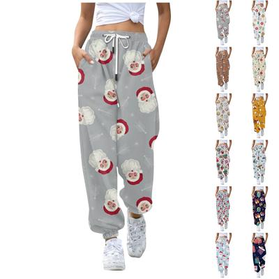 Damen Casual Weihnachtsdruck Freizeithose Jogginghose Hose Kordelzug Elastische Taille Kordelzug Hose