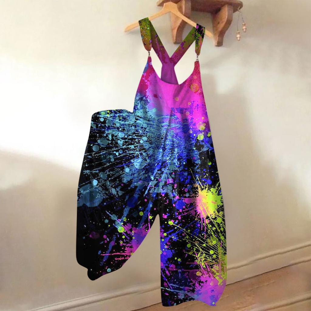 Wide Leg Overalls For Women Casual Loose Sleeveless Jumpsuits Retro Print Metal Button Long Pant Romper Jumpsuit With Pockets