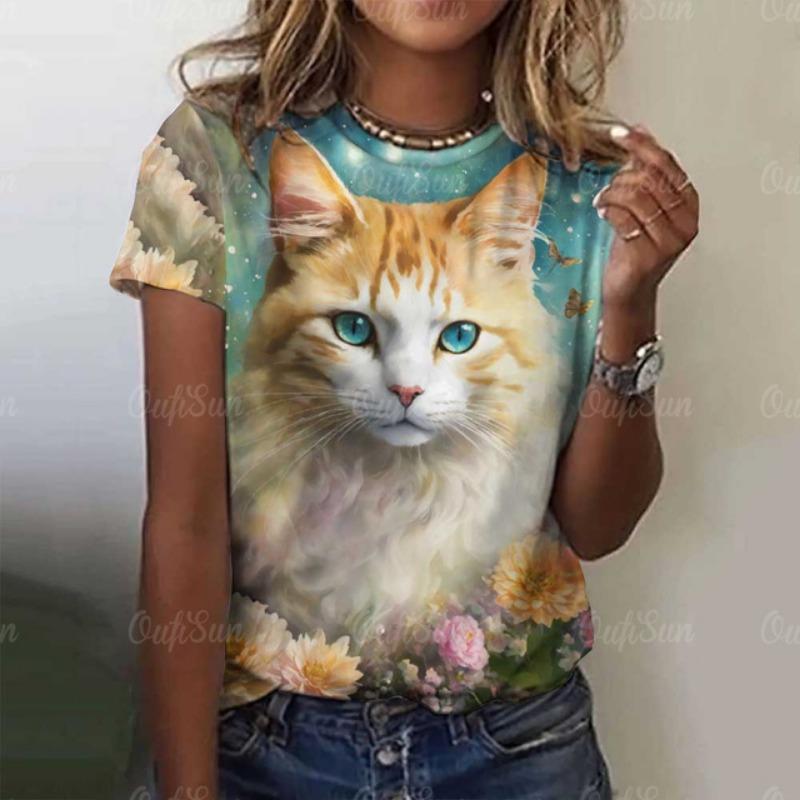 Damen Niedliches Katze Kurzarm T-Shirt Weihnachten Tiere Aufdruck Rundhals T-Shirt 2024 Mode Kleidung Sommer Lässig Oversize