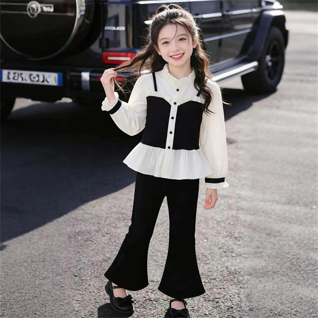Korean Style Little Coco Shirt & Flare Pants Set for Girls - Spring Casual Fashion.