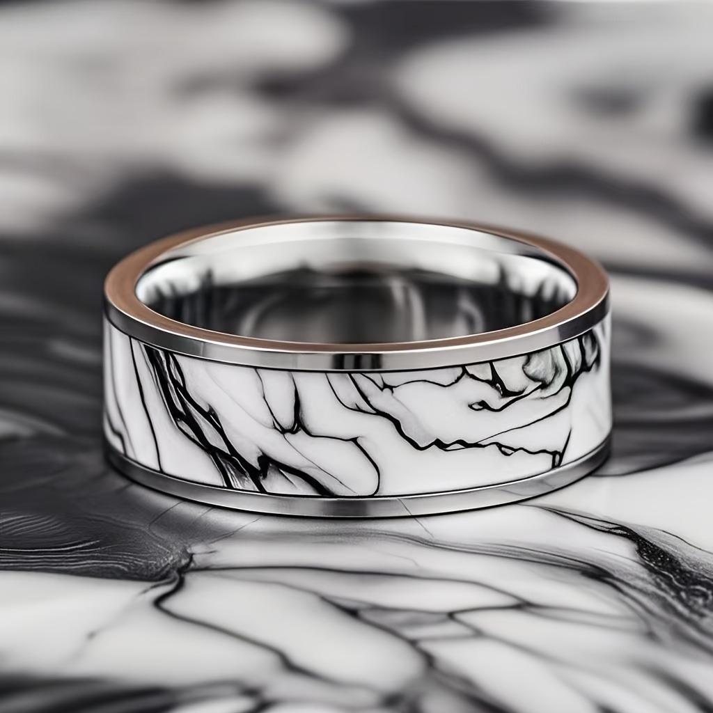 With Marble Pattern Inlay Fashion 8mm Silver Color Men Stainless Steel Rings for Men Wedding Band Jewelry Gift Drop Shipping