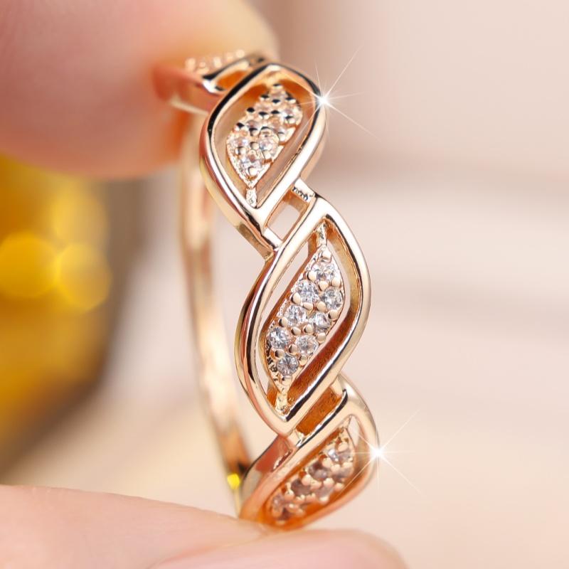 Elegant Gold Color Twisted Leaf Hollow Zircon Ring for Women Wedding Banquet Daily and Party
