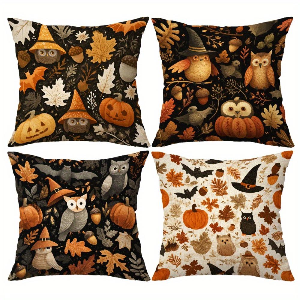 Halloween Themed Pillowcases with Owls, Pumpkins, Bats & Leaves - Spooky and Cozy Decor for Your Home Sofa Cushion Cover