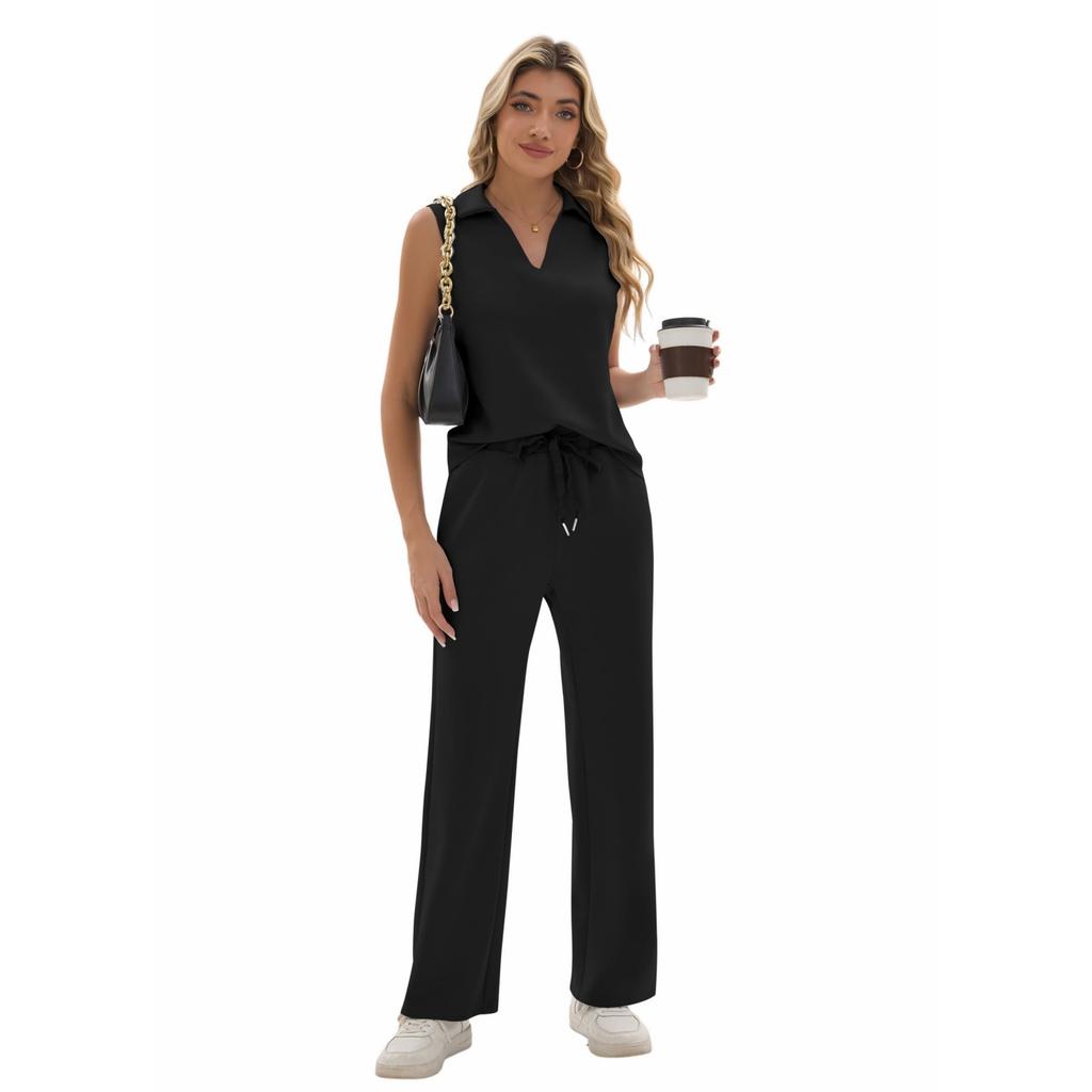 Ladies' Casual Temperament V-neck Casual Top Wide Leg Pants Two-piece Set