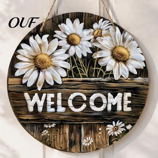 Front Door Hanging Decor Wooden Daisy Welcome Sign for Door, Rustic Farmhouse Wall Indoor Outdoor with Hemp Rope, Wood Plaque Home Entrance