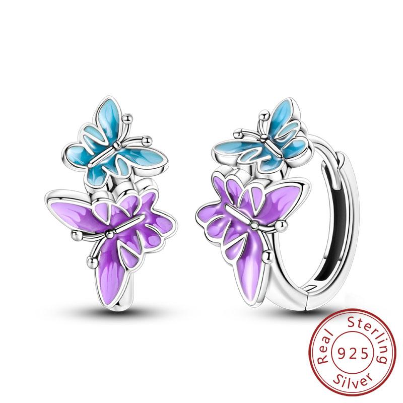 New 925 Silver Hoops Earrings Colorful Flower Butterfly Bee Drop Earring For Women Birthday Party Fashion Jewelry Gifts