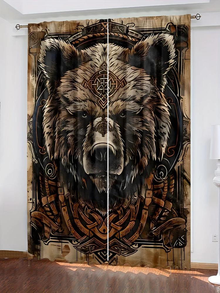 

2 ШТ.- Изысканные шторы с принтом животного, узора медведя викинга, кулиска, украшение для дома, украшение для комнаты 29Wx64L(75x166CM)x2