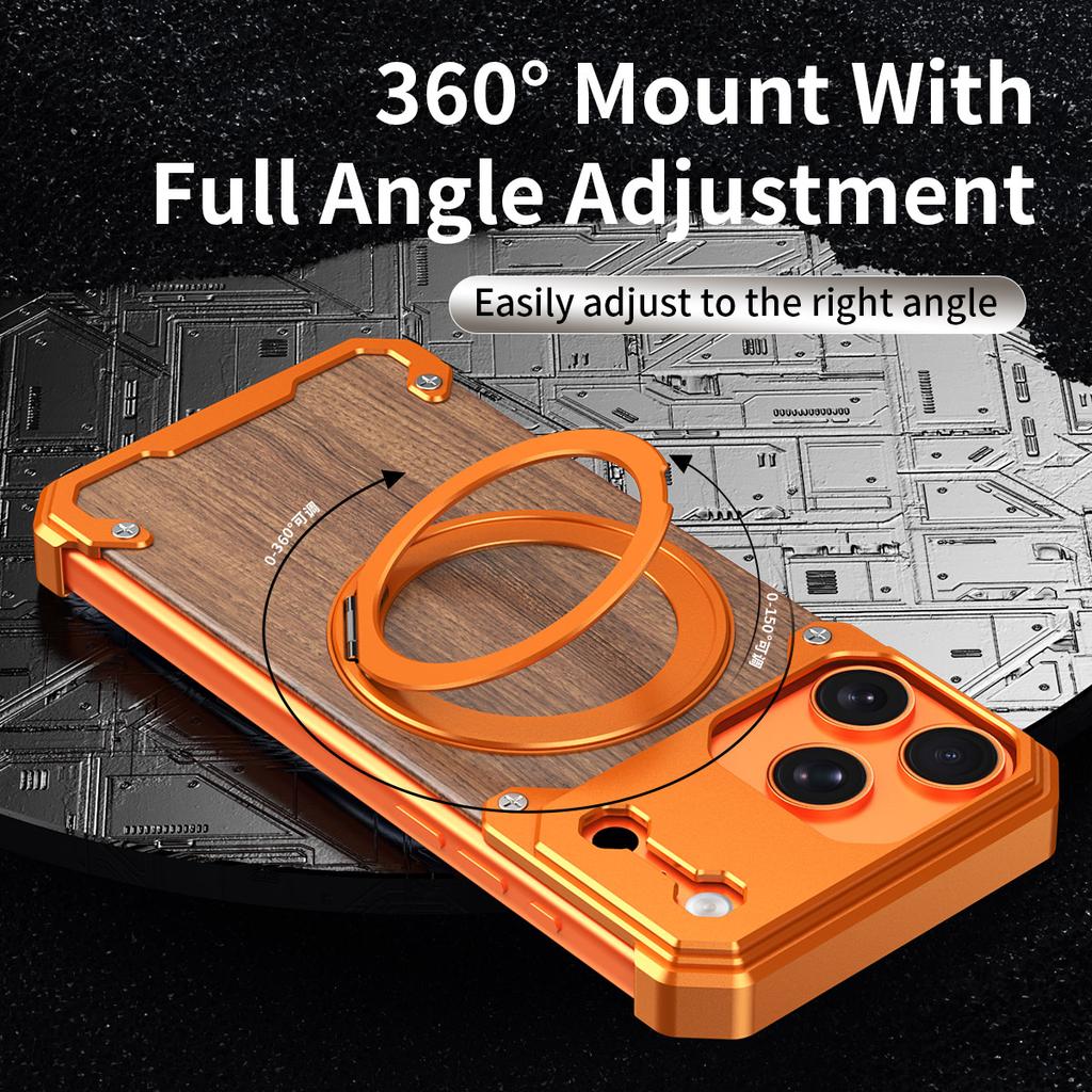 Luxury Metal Alloy Frame Wood Frameless Phone Case For iPhone 17 pro max 16 15 Pro Max Magsafe Magnet 360 Rotating Bracket Cover