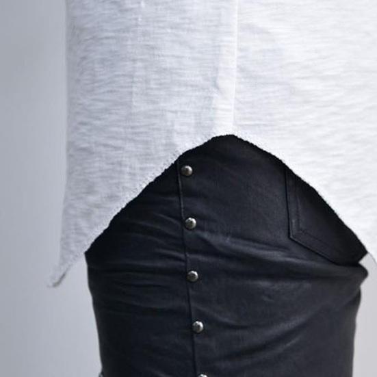 Summer Men T-shirt Round Neck Pure Color Irregular Hem Short Sleeve Slim Fit Pullover Mid Length Casual