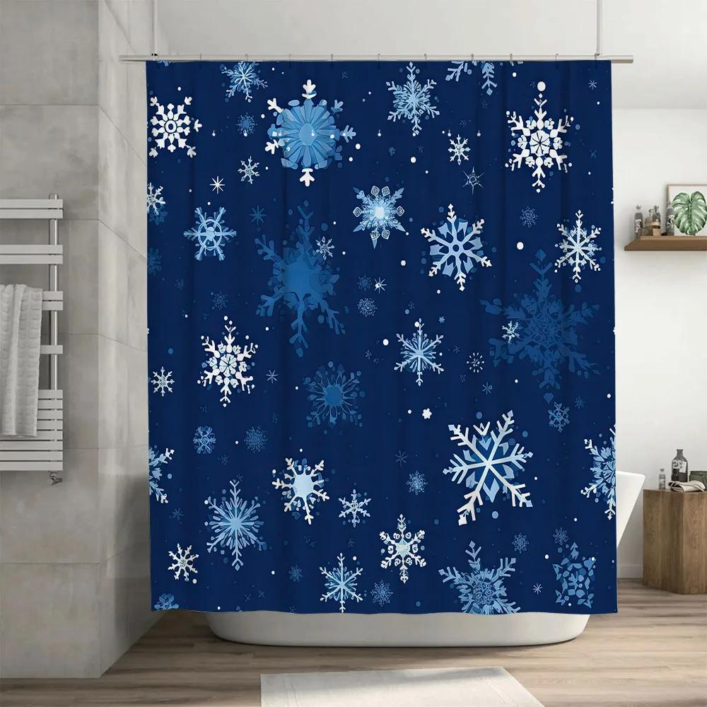 Christmas Shower Curtain, Snowflake Design, Waterproof Fabric, Blue Decorative Bathroom Liner for Bathtub, Perfect Gift Ideas