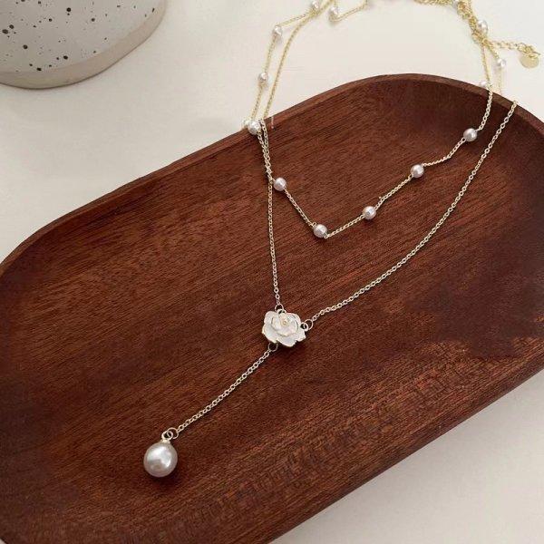 Fashion Imitation Pearl Rhinestone Necklace Stainless Steel Extra Long Drawstring Snake Tassel Metal Chain Women's Jewelry Gifts