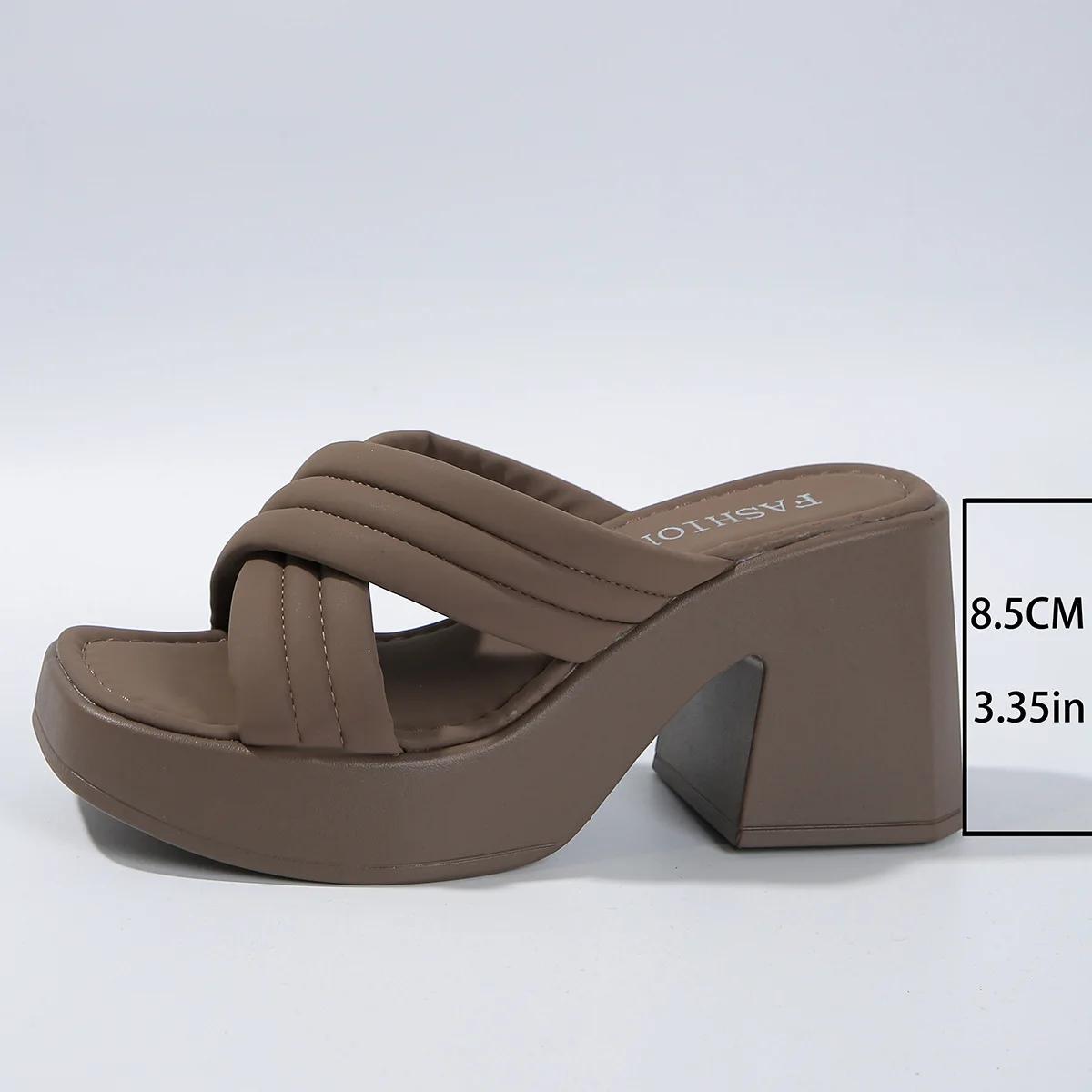 Повседневные тапочки-кроссоверы на высоком каблуке для женщин, летняя новая верхняя одежда, толстый каблук, толстая подошва, однотонные пуловеры 36 коричневый