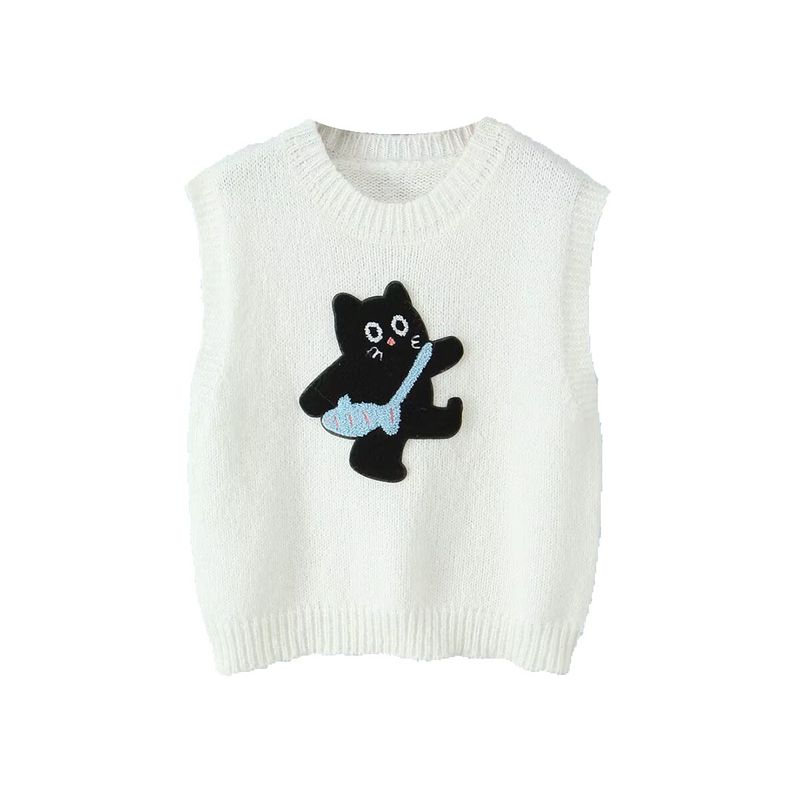 Kaslead New Women clothes Western Style Towel Embroidery Stickers Cartoon Kitten Pattern Pullover Vest Sweater