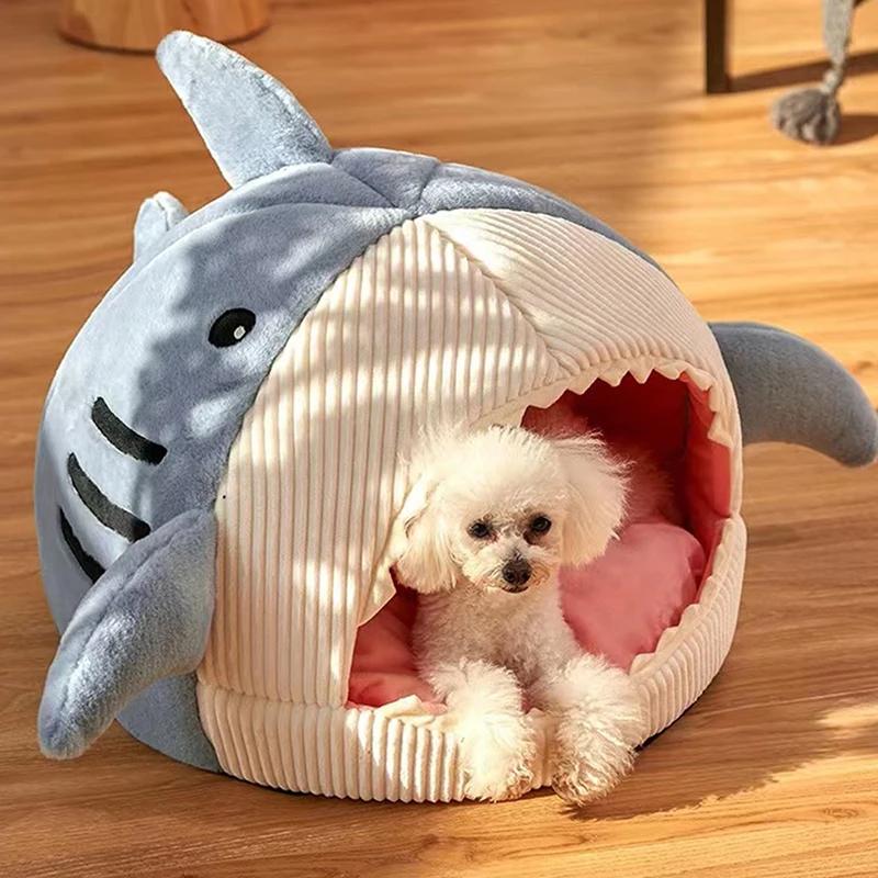 Pet Tent Cave Bed Cartoon Shark Cat Cave Beds for Cats Small Dogs Foldable Removable Non-Slip Semi-Closed Design Pet Hut Goods