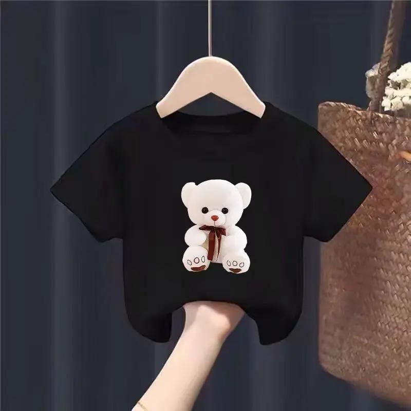 Kreskówkowy T-shirt z nadrukiem małego białego misia z okrągłym dekoltem i krótkim rękawem, casualowy, dla chłopców i dziewcząt, nowy trend, odzież dziecięca, top