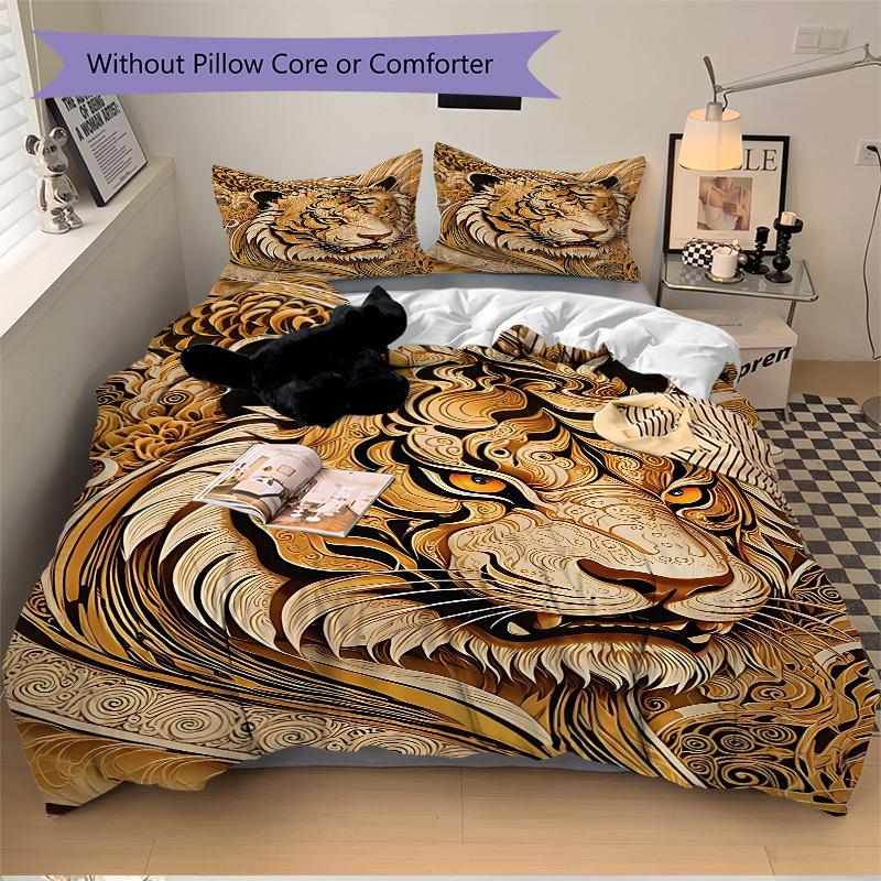 3pcs Tiger Art Print Duvet Cover Set - Machine Washable, Includes 1 Cover and 2 Pillowcases, No Core Included yy251013052