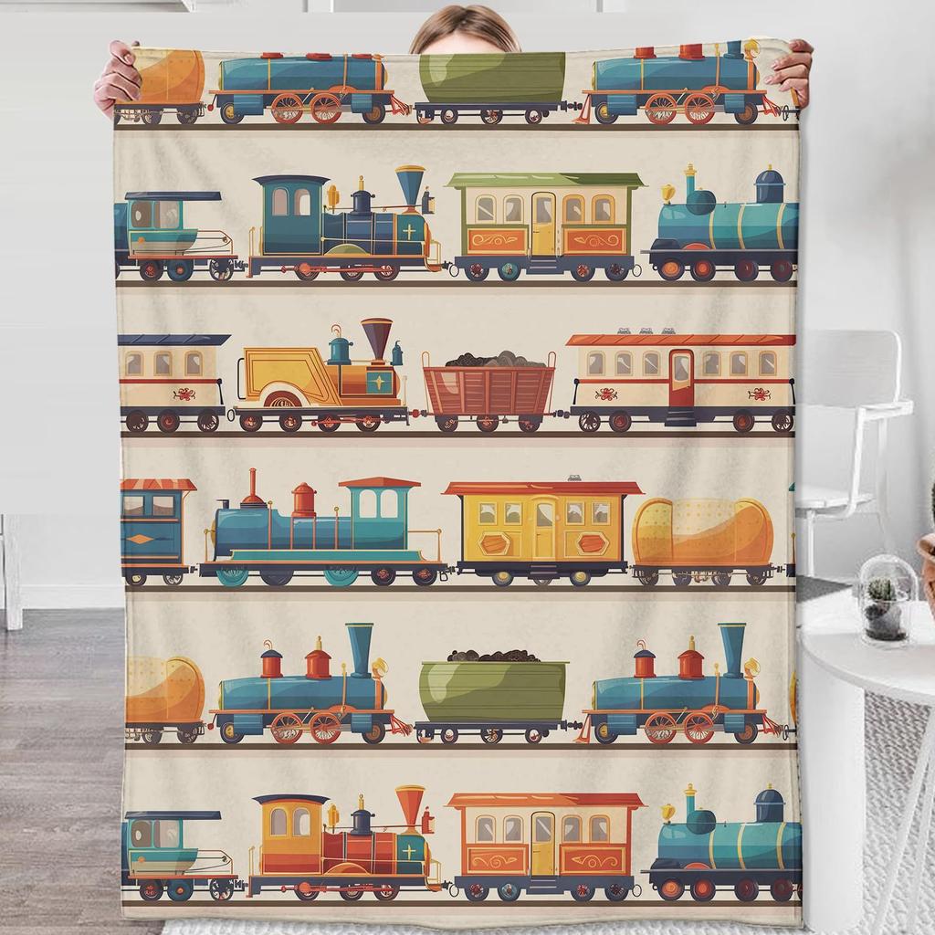 Retro train pattern digital-printed polyester Bedroom velvet flannel cover blanket Fleece soft sofa cover blankets for beds