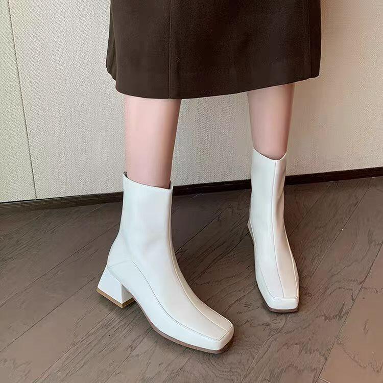 Women's boots thick heel square head short boots rear zipper leather boots versatile Korean women's leather boots