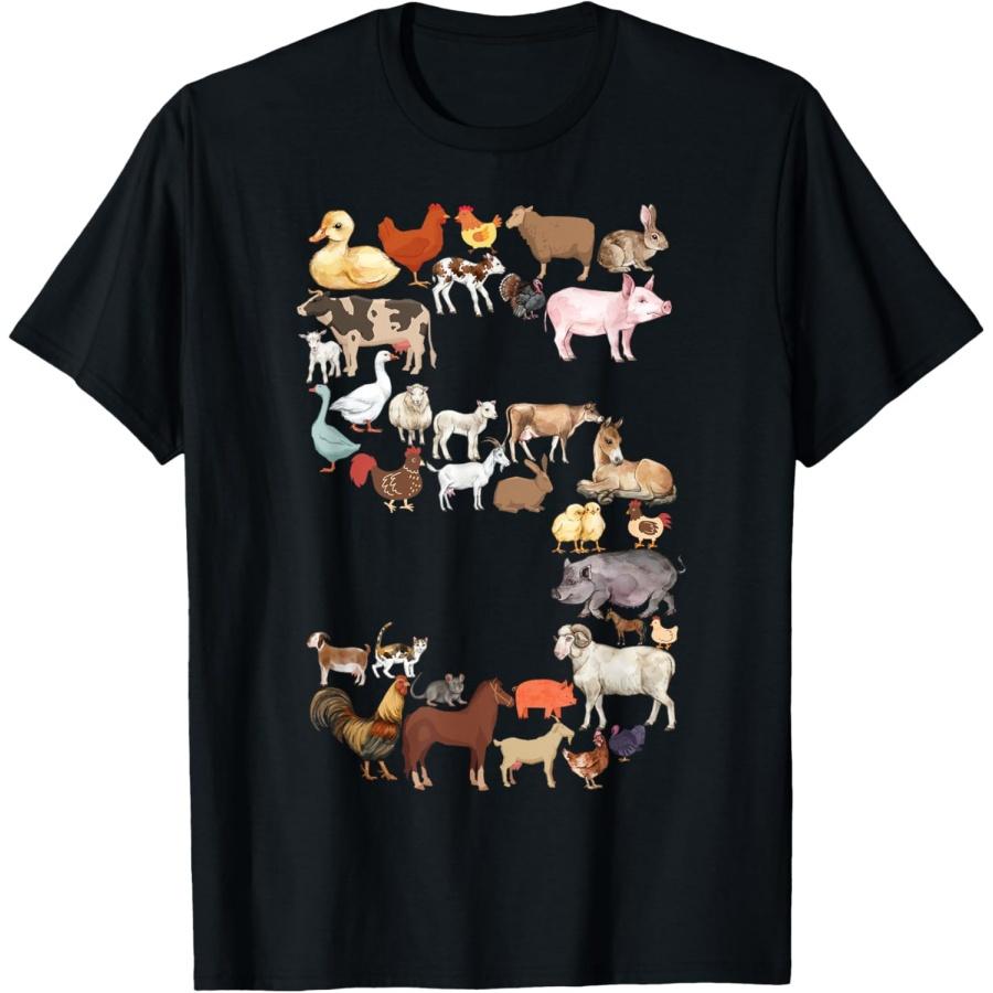 Fun 5th Birthday Farm Animals Themes Boys Kids 5 Year Old T-Shirt S